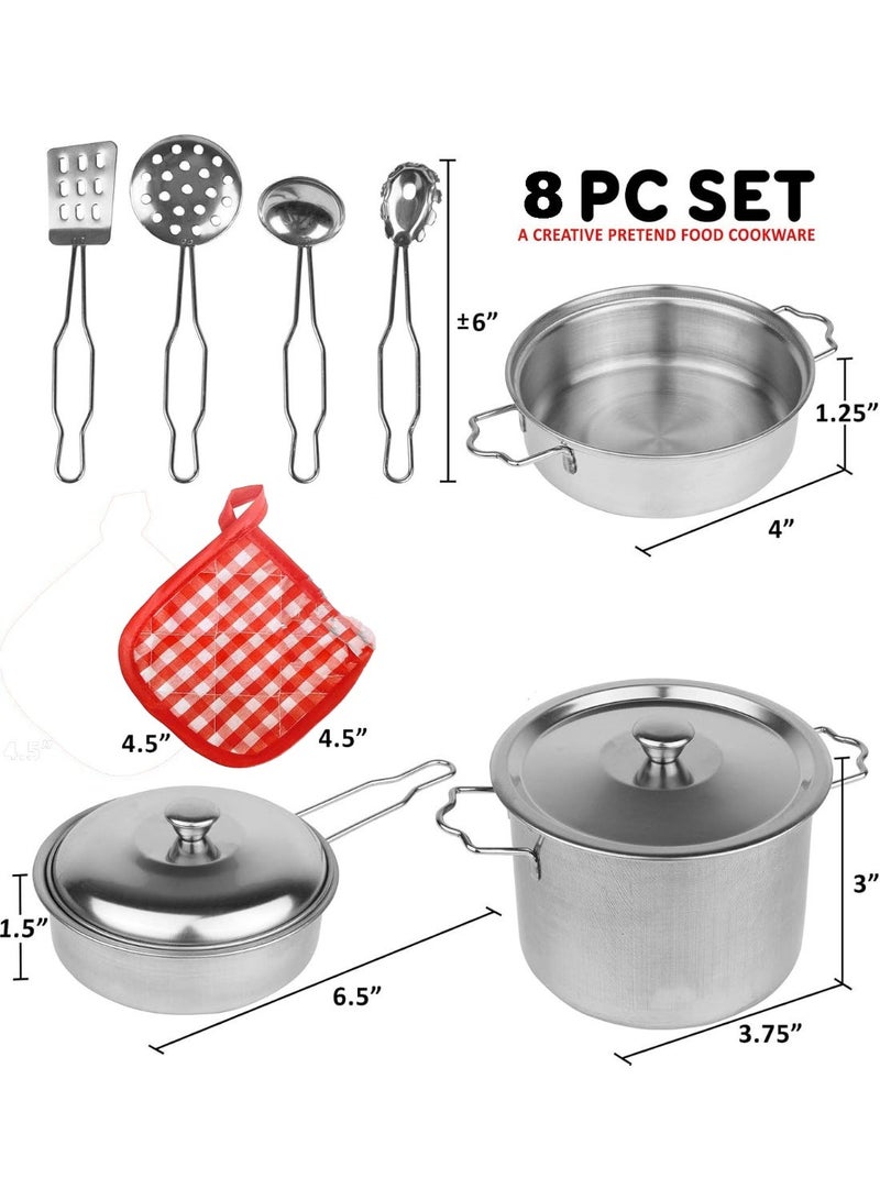 REZZOSS Stainless Steel Kitchen Playset 8 Pcs for Kids – Realistic Metal Cookware Pots & Pans Toy with Lids, Cooking Utensils & Pot Holder | Mini Chef Pretend Play Cooking Set | Montessori Learning Birthday Gift for Boys & Girls 3+ - Image 2